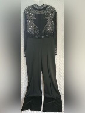 Boutique Black Rhinestone Fringe Illusion Mesh Wide Leg Jumpsuit XXL